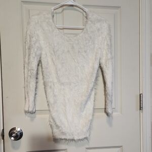 Fuzzy White Long Sleeve Sweater Dress